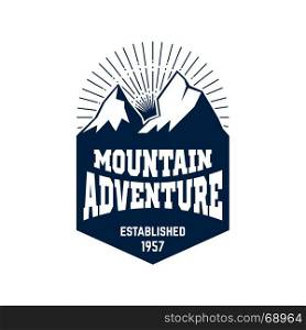 Mountain hiking emblem template. Design element for logo, label, emblem, sign. Vector illustration. Mountain hiking emblem template. Design element for logo, label,