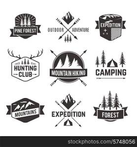 Mountain hiking outdoor adventure travel agencies tourism graphic symbols emblems labels collection black abstract isolated vector illustration