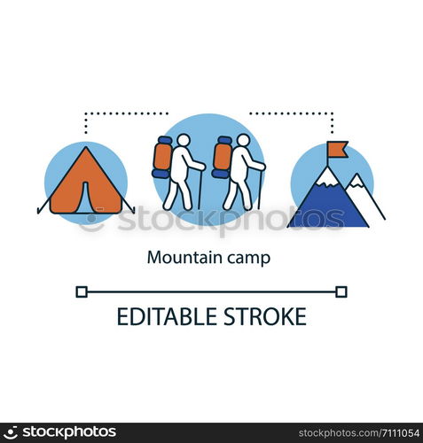 Mountain hiking, trekking camp concept icon. Summer camping holiday resort idea thin line illustration. Travelling in mountains, rock climbing. Vector isolated outline drawing. Editable stroke