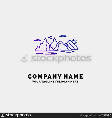 Mountain, hill, landscape, nature, cliff Purple Business Logo Template. Place for Tagline. Vector EPS10 Abstract Template background