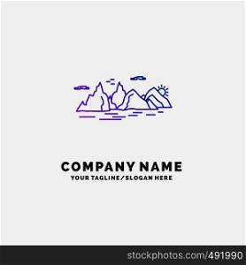 Mountain, hill, landscape, nature, cliff Purple Business Logo Template. Place for Tagline. Vector EPS10 Abstract Template background