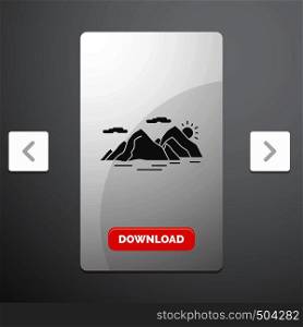 Mountain, hill, landscape, nature, evening Glyph Icon in Carousal Pagination Slider Design & Red Download Button. Vector EPS10 Abstract Template background