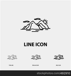 Mountain, hill, landscape, nature, evening Icon in Thin, Regular and Bold Line Style. Vector illustration. Vector EPS10 Abstract Template background