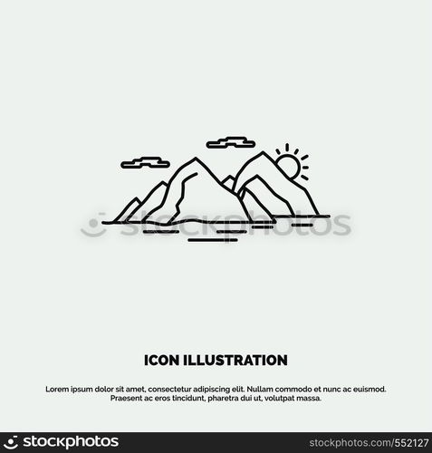 Mountain, hill, landscape, nature, evening Icon. Line vector gray symbol for UI and UX, website or mobile application. Vector EPS10 Abstract Template background