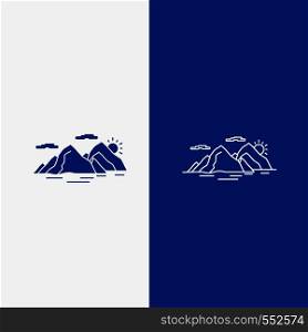 Mountain, hill, landscape, nature, evening Line and Glyph web Button in Blue color Vertical Banner for UI and UX, website or mobile application. Vector EPS10 Abstract Template background