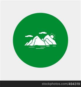 Mountain, hill, landscape, nature, evening White Glyph Icon in Circle. Vector Button illustration. Vector EPS10 Abstract Template background