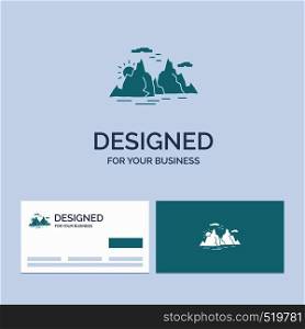 Mountain, hill, landscape, nature, sun Business Logo Glyph Icon Symbol for your business. Turquoise Business Cards with Brand logo template.. Vector EPS10 Abstract Template background