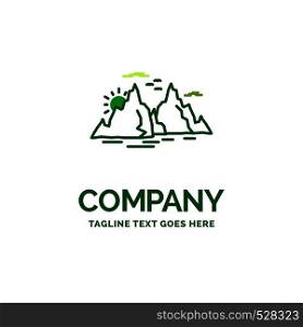 Mountain, hill, landscape, nature, sun Flat Business Logo template. Creative Green Brand Name Design.