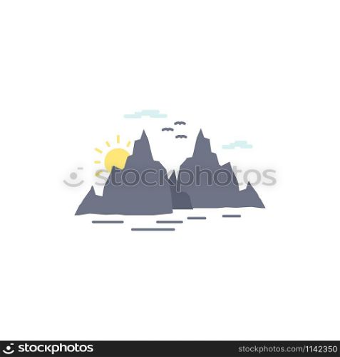Mountain, hill, landscape, nature, sun Flat Color Icon Vector