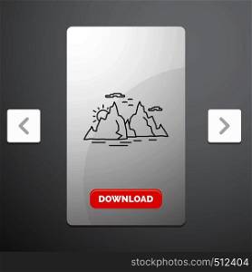 Mountain, hill, landscape, nature, sun Line Icon in Carousal Pagination Slider Design & Red Download Button. Vector EPS10 Abstract Template background