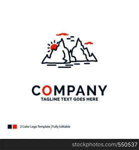 Mountain, hill, landscape, nature, sun Logo Design. Blue and Orange Brand Name Design. Place for Tagline. Business Logo template.