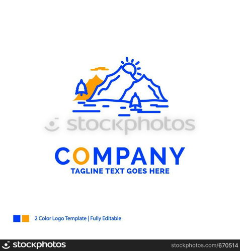 Mountain, hill, landscape, nature, tree Blue Yellow Business Logo template. Creative Design Template Place for Tagline.