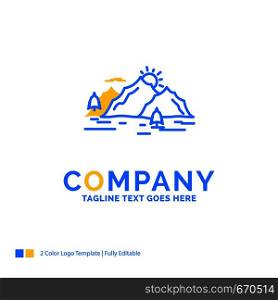 Mountain, hill, landscape, nature, tree Blue Yellow Business Logo template. Creative Design Template Place for Tagline.