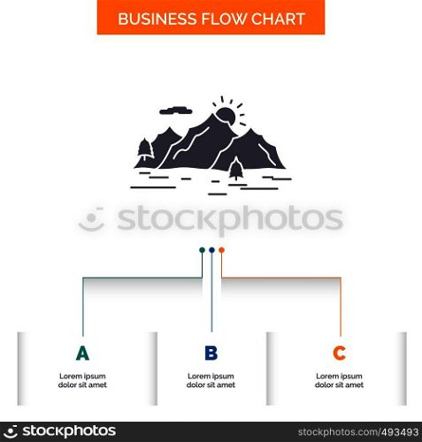 Mountain, hill, landscape, nature, tree Business Flow Chart Design with 3 Steps. Glyph Icon For Presentation Background Template Place for text.. Vector EPS10 Abstract Template background