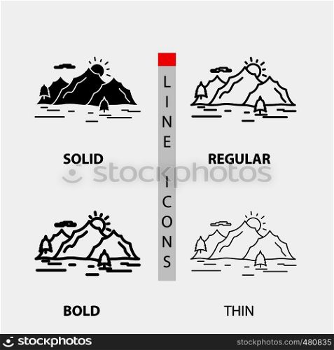 Mountain, hill, landscape, nature, tree Icon in Thin, Regular, Bold Line and Glyph Style. Vector illustration. Vector EPS10 Abstract Template background