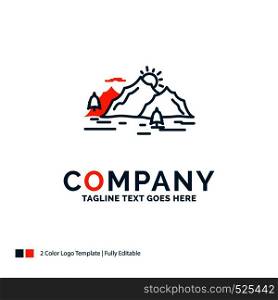Mountain, hill, landscape, nature, tree Logo Design. Blue and Orange Brand Name Design. Place for Tagline. Business Logo template.