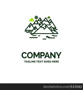 , Mountain, hill, landscape, rocks, crack Flat Business Logo template. Creative Green Brand Name Design.