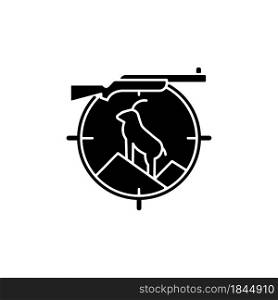 Mountain hunting black glyph icon. Preparation for mountain hunt. Pursue sheep and goat. Gear and equipment. Kill wild animals. Silhouette symbol on white space. Vector isolated illustration. Mountain hunting black glyph icon