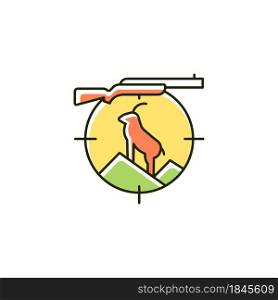 Mountain hunting RGB color icon. Preparation for mountain hunt. Pursue and capture sheep and goat. Gear and equipment. Kill wild animals. Isolated vector illustration. Simple filled line drawing. Mountain hunting RGB color icon