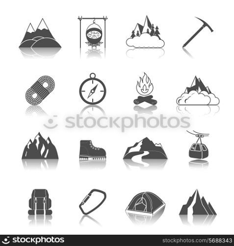 Mountain icons black set with peak campfire axe rope isolated vector illustration