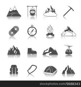 Mountain icons black set with peak campfire axe rope isolated vector illustration