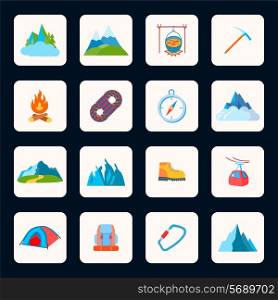 Mountain icons flat set with nature park campfire axe isolated vector illustration