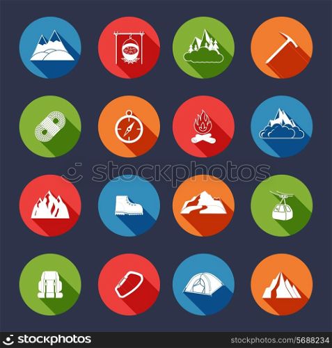 Mountain icons flat set with outdoor travel camping equipment isolated vector illustration