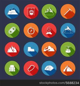 Mountain icons flat set with outdoor travel camping equipment isolated vector illustration