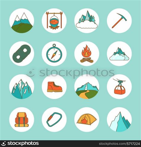 Mountain icons flat set with rope compass camping rock isolated vector illustration