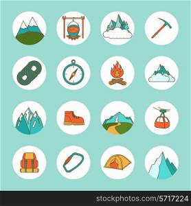 Mountain icons flat set with rope compass camping rock isolated vector illustration