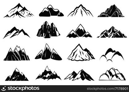 Mountain icons. Mountains top silhouette shapes, snow rocky range. Outdoor landscape hill peaks symbols vector hand drawn climbing mont nature isolated set. Mountain icons. Mountains top silhouette shapes, snow rocky range. Outdoor landscape hill peaks symbols vector set