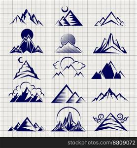 Mountain icons on notebook background. Mountain icons with clouds sun and moon on notebook background. Vector illustration
