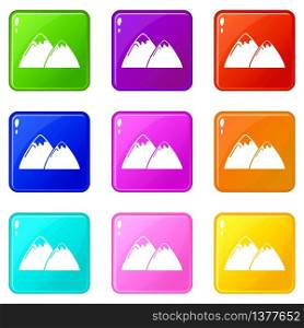 Mountain icons set 9 color collection isolated on white for any design. Mountain icons set 9 color collection