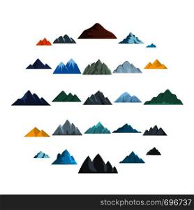 Mountain icons set. Flat illustration of 25 mountain vector icons isolated on white background. Mountain icons set, flat style