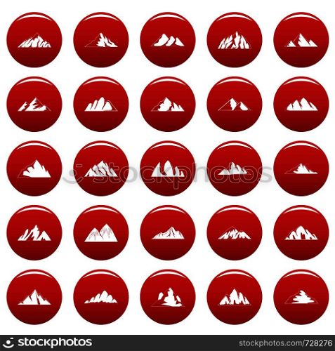 Mountain icons set. Simple illustration of 25 mountain vector icons red isolated. Mountain icons set vetor red
