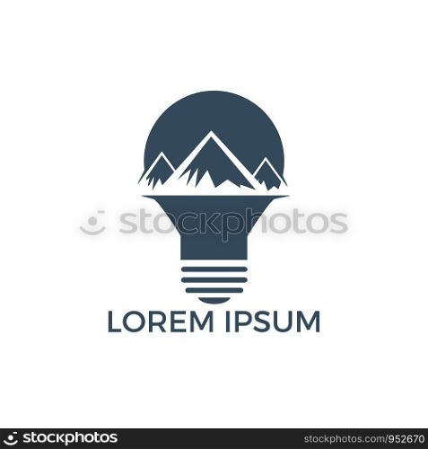 Mountain inside light bulb logo design. Leadership solution logo design. Concept of lamp, brainstorm, tourism, mission, strategy, ray, victory, briefing.