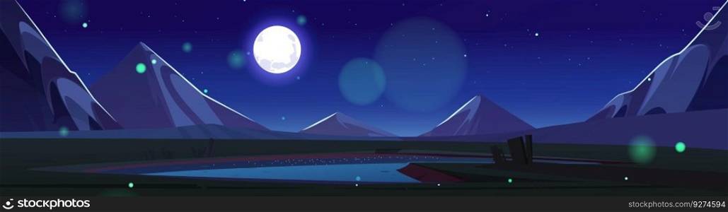 Mountain lake landscape in night background with moonlight. Blue starry sky on horizon with beautiful sparkle switzerland nature illustration. Peaceful alpine terrain wallpaper with pond shore. Mountain lake landscape in night with moonlight