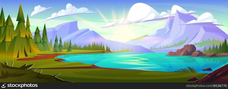Mountain lake near forest nature vector background. Pine tree, river water and beautiful valley daytime panorama illustration for game environment graphic. Outdoor travel scene with green grass. Mountain lake near forest nature vector background