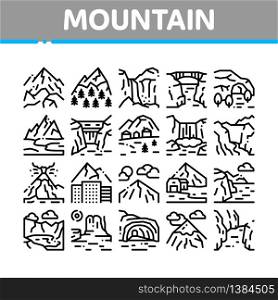 Mountain Landscape Collection Icons Set Vector. Forest And Camping On Mountain, Volcano And Cave, City Buildings And Bridge Concept Linear Pictograms. Monochrome Contour Illustrations. Mountain Landscape Collection Icons Set Vector
