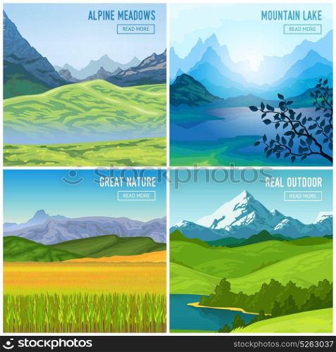 Mountain Landscape Compositions Set. Nature landscape concept with four square outdoor compositions of mountains drawn images and read more button vector illustration