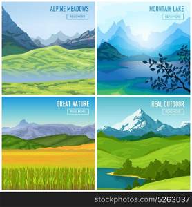 Mountain Landscape Compositions Set. Nature landscape concept with four square outdoor compositions of mountains drawn images and read more button vector illustration