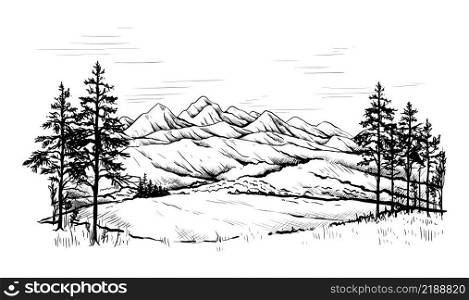 Mountain landscape. Hand drawn sketch with forest and rocky ridges. Black and white scenery. Highlands valley panorama. Sky horizon. Scenic hills and cliffs. Vector nature outdoor engraving background. Mountain landscape. Hand drawn sketch with forest and rocky ridges. Black and white scenery. Highlands panorama. Sky horizon. Scenic hills and cliffs. Vector nature outdoor background