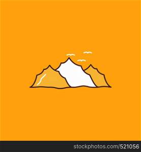 mountain, landscape, hill, nature, birds Flat Line Filled Icon. Beautiful Logo button over yellow background for UI and UX, website or mobile application. Vector EPS10 Abstract Template background