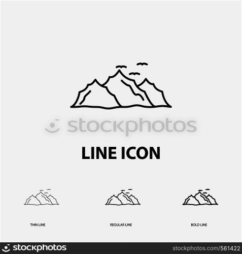 mountain, landscape, hill, nature, birds Icon in Thin, Regular and Bold Line Style. Vector illustration. Vector EPS10 Abstract Template background