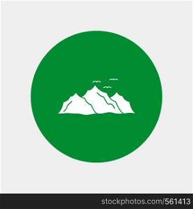 mountain, landscape, hill, nature, birds White Glyph Icon in Circle. Vector Button illustration. Vector EPS10 Abstract Template background