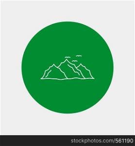 mountain, landscape, hill, nature, birds White Line Icon in Circle background. vector icon illustration. Vector EPS10 Abstract Template background