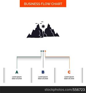 mountain, landscape, hill, nature, sun Business Flow Chart Design with 3 Steps. Glyph Icon For Presentation Background Template Place for text.. Vector EPS10 Abstract Template background