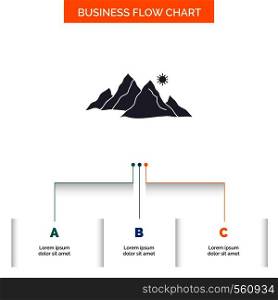 mountain, landscape, hill, nature, sun Business Flow Chart Design with 3 Steps. Glyph Icon For Presentation Background Template Place for text.. Vector EPS10 Abstract Template background