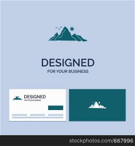 mountain, landscape, hill, nature, sun Business Logo Glyph Icon Symbol for your business. Turquoise Business Cards with Brand logo template.. Vector EPS10 Abstract Template background