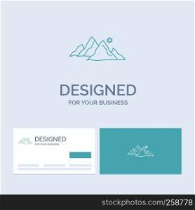 mountain, landscape, hill, nature, sun Business Logo Line Icon Symbol for your business. Turquoise Business Cards with Brand logo template